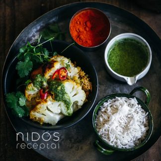 Indian cauliflower dish with rice and chutney